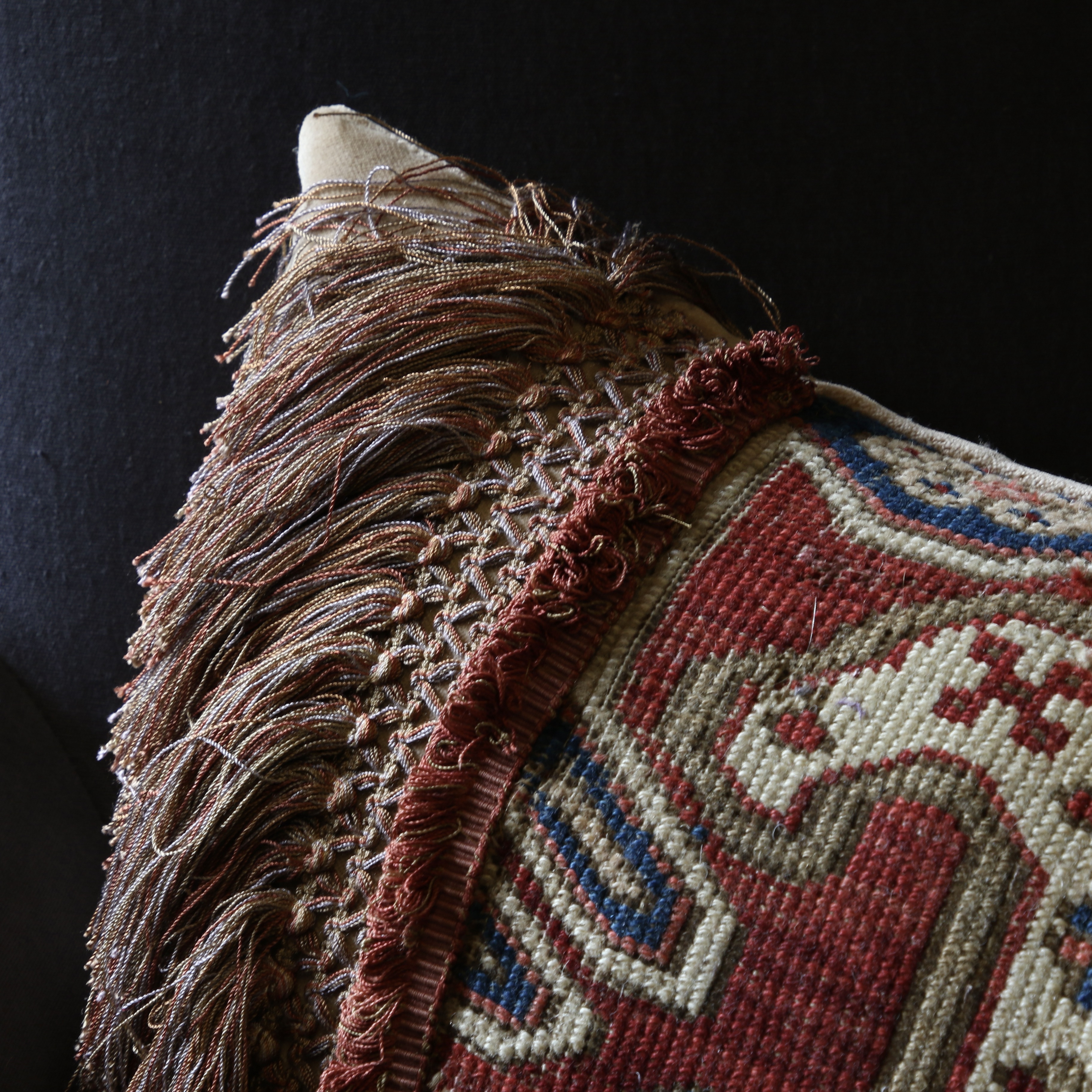 19th-Century Caucasian Carpet Cushion with Silk Fringe