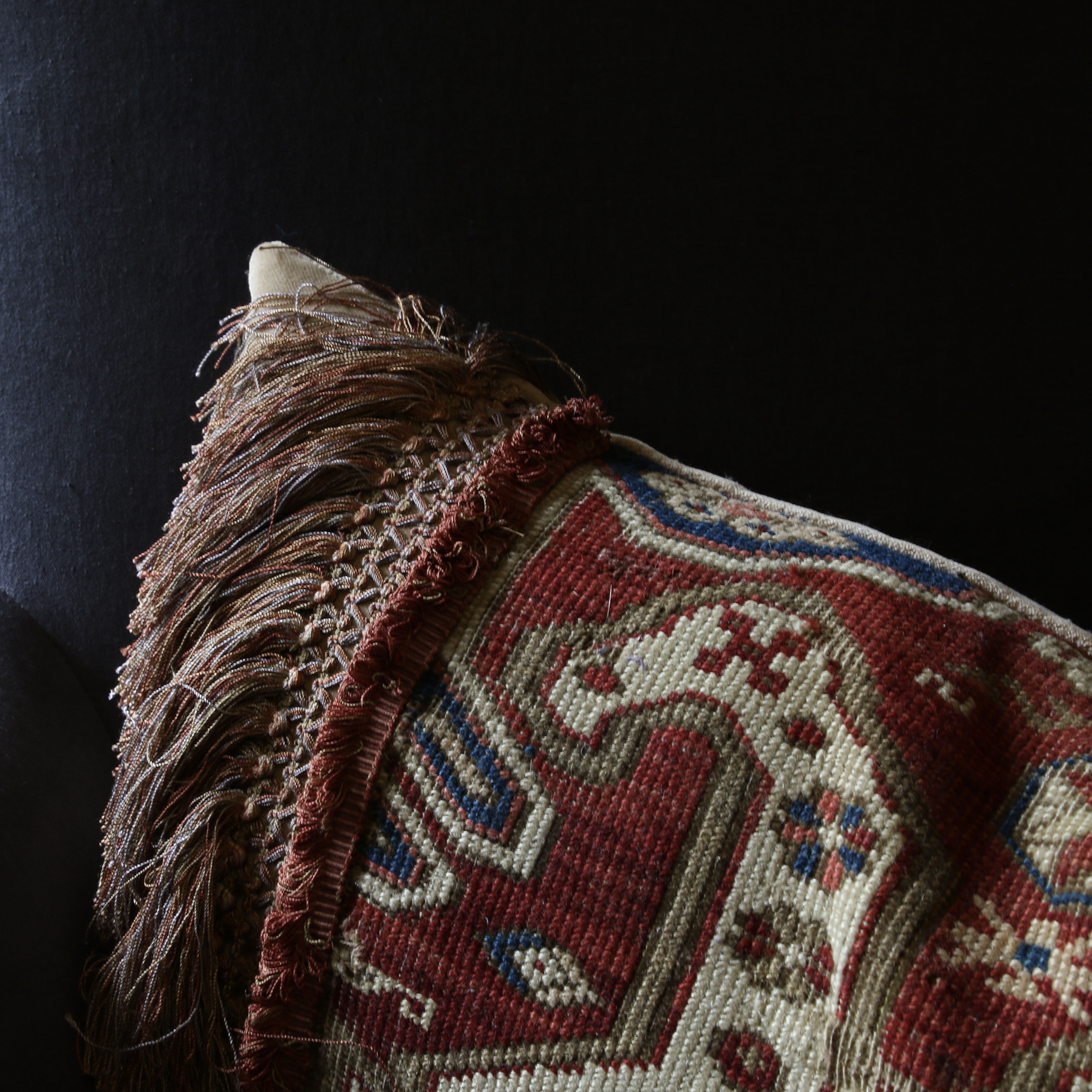 19th-Century Caucasian Carpet Cushion with Silk Fringe
